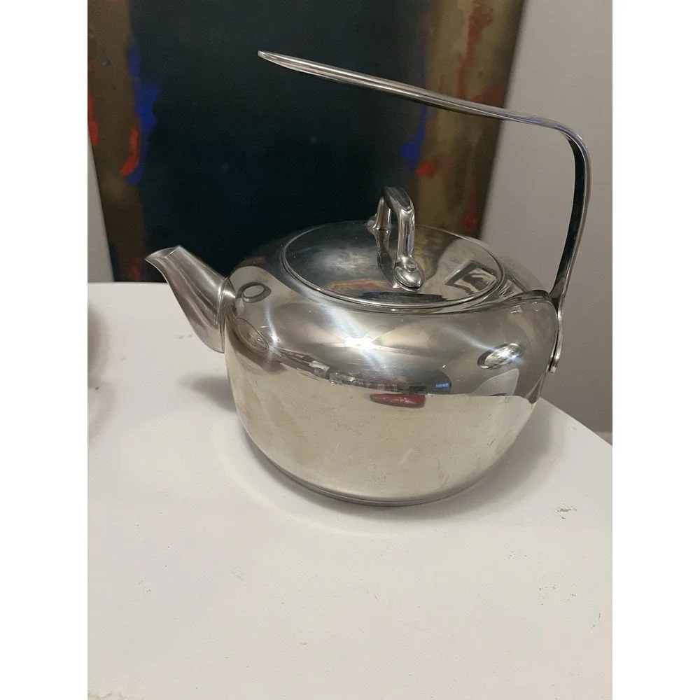 Vtg Lagostina Stainless Steel Stovetop Tea Kettle Dramatic Architecural Handle